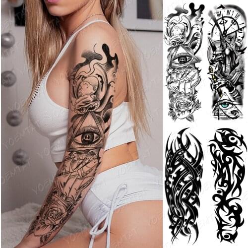 Waterproof Temporary Large Arm Sleeve Tattoo Sticker Clock Eye Sail Rose Flame Totem Flash Tattoos Women Body Art Fake Tatto Man