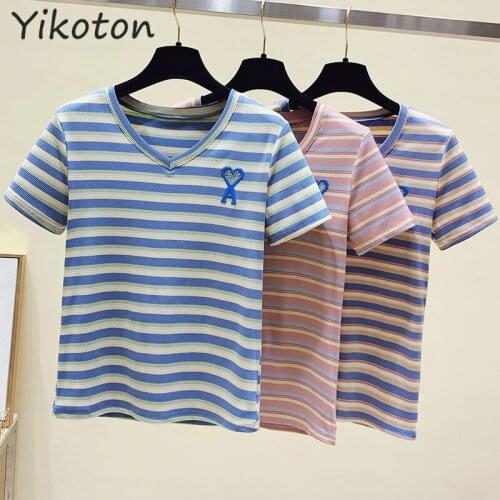 Womens T-shirt 2021 Summer Striped Short Sleeve V-Neck Casual Harajuku Clothes For Women T Shirt Female Top Basic Cute Cartoon