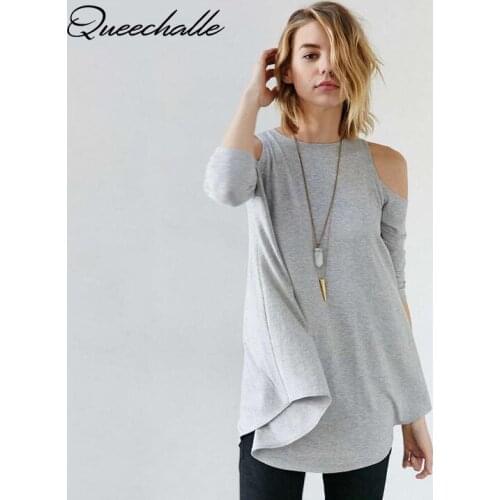 Queechalle Fashion Women t-Shirt Spring Autumn 3/4 Sleeve Sexy Off Shoulder Casual Tops XS-XXL Big Size Loose Solid Casual Tee