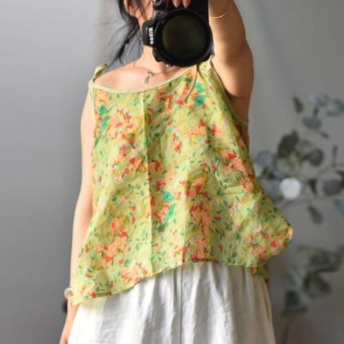 FairyNatural Women Retro Ramie Camis Print Floral Tops Sleeveless Casual High Quality Ladies Clothing Loose Camis 2021 Summer
