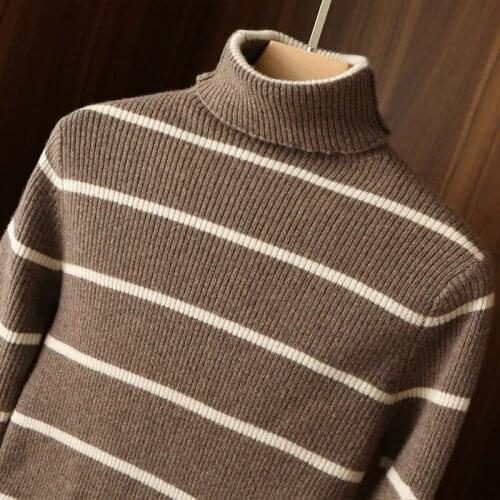 100% Pure Wool Turtleneck Sweater Women Long Sleeve Elasticity Bottoming Tops Winter Female Striped Slim Fit Warm Knit Pullovers