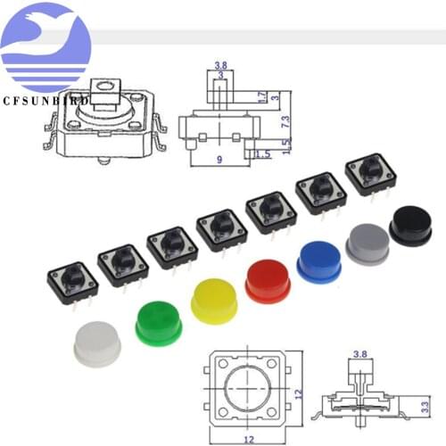 20PCS Tactile Push Button Switch Momentary 12*12*7.3MM Micro switch button + (20PCS 5 colors Tact Cap)12*12*7.3