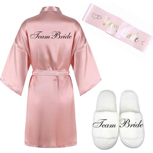 2020 new 3pc set of glitter black teambride satin short robe slippers team bride sash peignoir women bridal party robes