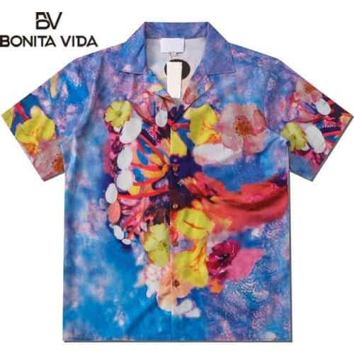 Bonita Vida Floral Print Hawaiian Shirt Men Summer Turn Down Collar Hip Hop Casual Short Sleeve Beach Shirt Fashion Tops