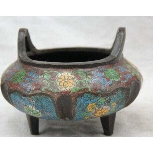 Collectible bronze S2011 Old Chinese Cloisonne Enamel Bronze 3 Foot Qing Qianlong Incense Burner Censer