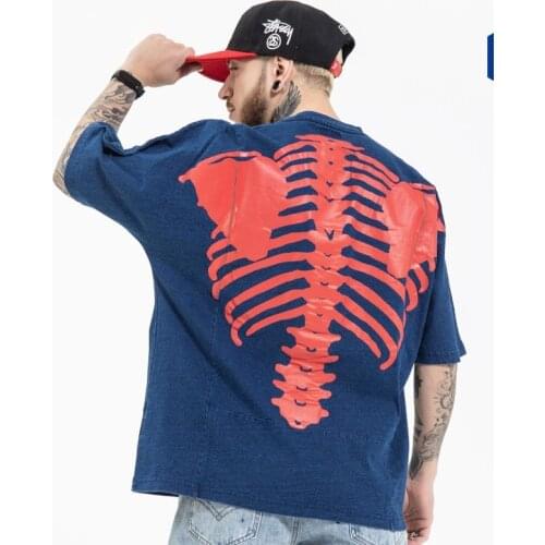 Menswear spring summer new Japanese fashion brand embroidery denim blue skull print loose short sleeve T-shirt man