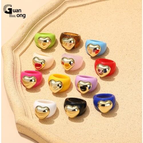 Guanlong 2021 Colorful Big Fashion Womens Rings Acrylic Resin Heart Rings For Teen Girls Vintage Accessories Summer Jewelry
