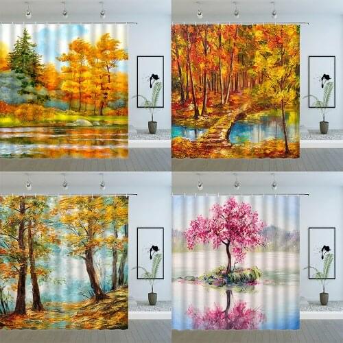 Oil Painting Landscape Shower Curtains Orange Yellow Leaves Forest Landscape Pattern Bathroom Cloth Hanging Curtain Sets Cheap