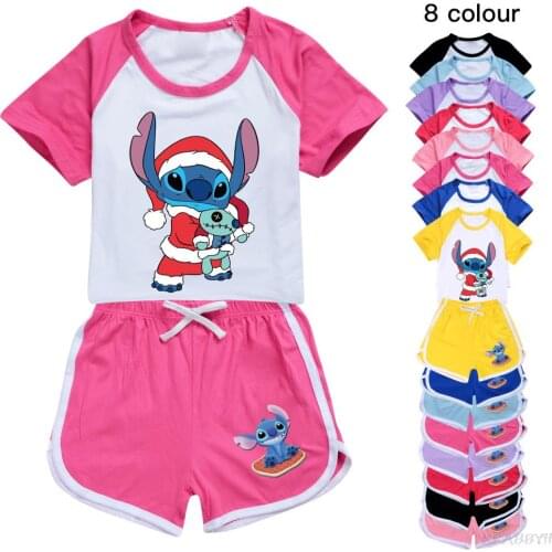 Disney Stitch Kids Clothes Set Summer Children Clothing T Shirt+Short Pant 2 PCS Sets Toddler Boys Girls Cotton Sets Sport Suits