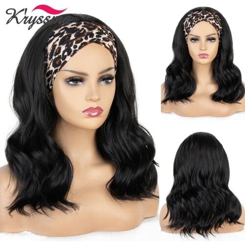 Kryssma Body Wave Bob Headband Wig No Glue Short Synthetic Wigs with Headband Hair Summer Scarf Headband Wig 12 Inch Natural