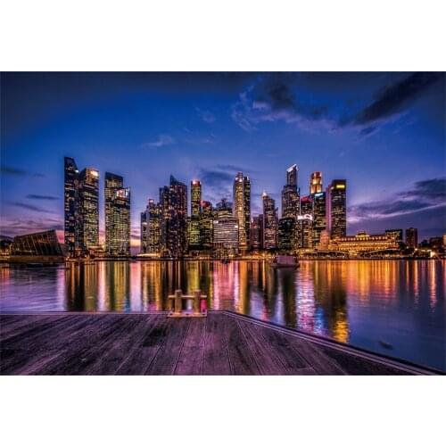 Laeacco City Building Riverside Wooden Platform Child Night Scenic Photo Background Photography Backdrops Photocall Photo Studio