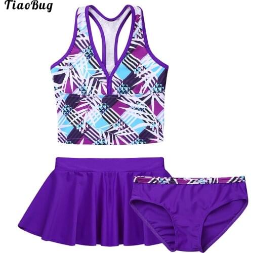 TiaoBug Summer Kids Girls 3Pcs Tankini Digital Printed Swimsuit Swimwear Bathing Suit Set Tops With Bottoms Skirt Bikini Sets