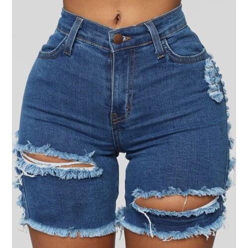 Summer new style European and American womens ripped high-waist stretch jeans womens trendy five-point pants pants