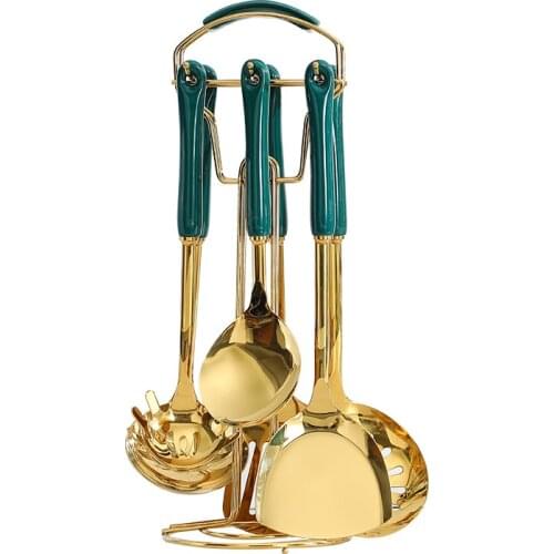 7 PCS Kitchenwaare Set Emerald/Sapphire Ceramic Handle Gold Stainless Steel Cooking Tool with Storage Rack Home Kitchen Utensils