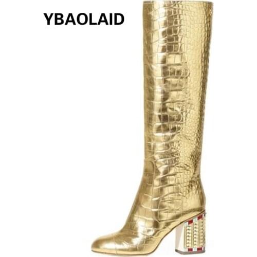 New Product Gold Plating Heel Mid-tube High-heeled Boots Fashion Crocodile Pattern Sleeve Shoes Rhinestone Heel Womens Boots