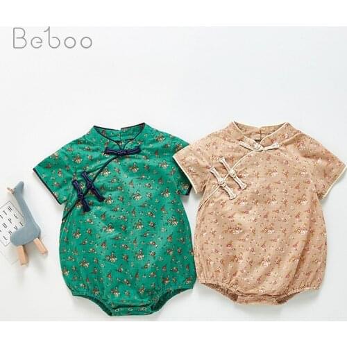 Baby Clothes Girl Summer Bodysuit 2021 New China Style Thin Pure Cotton Floral Short Sleeve Climbing Clothing Babies Jumpsuit