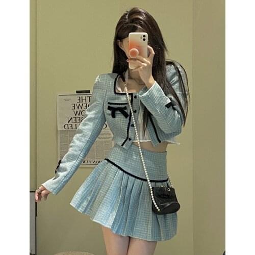 Autumn Little Fragrant Temperament Bow Long Sleeve Square Collar Coat Women Crop Hit Color Mini Plaid Pleated Skirt Fashion Sets