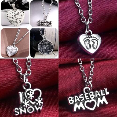 Grandma Heart Mom Snow Chain Pendant Necklace Family Women Men Jewelry Charm Xmas Gifts Silver Plated Choker Necklace