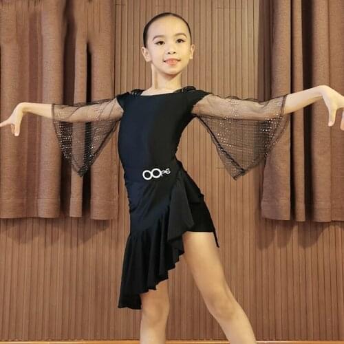 Girls Latin Dance Dress Mesh Sleeves Latin Dance Skirt Kids Latin Competition Black Dress Practice Wear Samba Dance Costume 4847