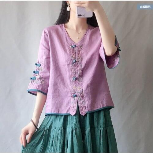 New Shirts Women Vintage Summer Chinese Style Frog Buttons Floral Embroidery Single-Breasted Loose Female Linen Tea Tops