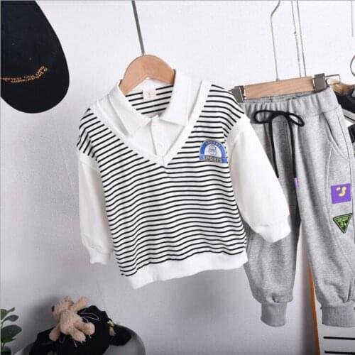 Cute Boy Clothes Spring Autumn Set 2021 New Kids Stripe Two Fake T-Shirts + Pants for 2-7T Toddler Outfit Childrens Tracksuit