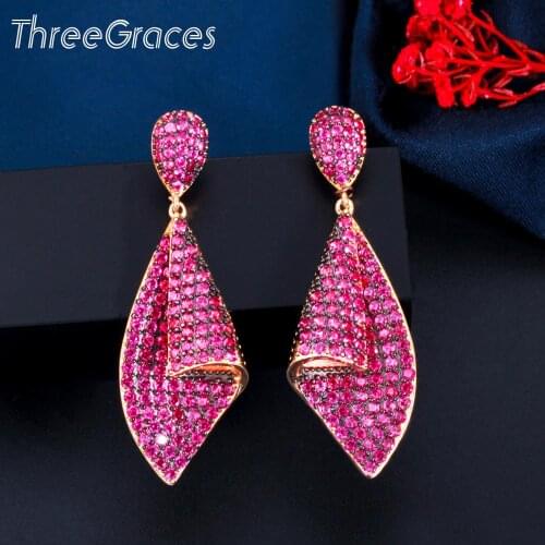 ThreeGraces Exquisite Full Red Cubic Zirconia Crystal Pave Gold Color Long Drop Earrings for Women Trendy Party Jewelry ER522