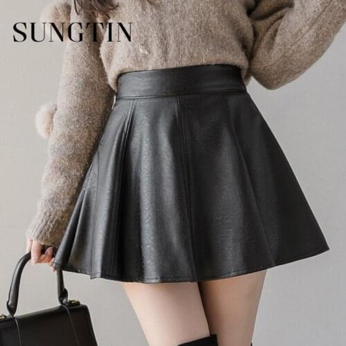 Sungtin Korea Faux Leather Skirts Women High Waist Loose Pleated Mini Skirt Casual Black Vintage PU Skirt Streetwear Female Chic