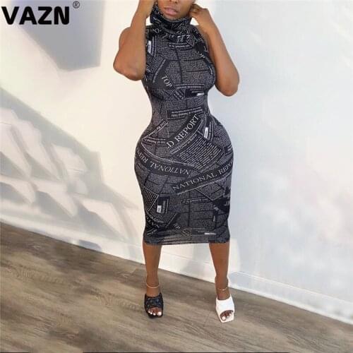 VAZN 2020 Summer Letter Print Casual Bandage Chic Maxi Dresses Sleeveless Bodycon Dress Sexy Beach Elegant Dress