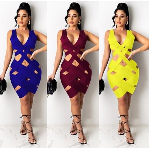 2021 Sexy Dress Women Deep V Neck Backless Hollow Out Cross Weave Mini Dress Elegant Night Club Party Bodycon Dresses Robe Femme