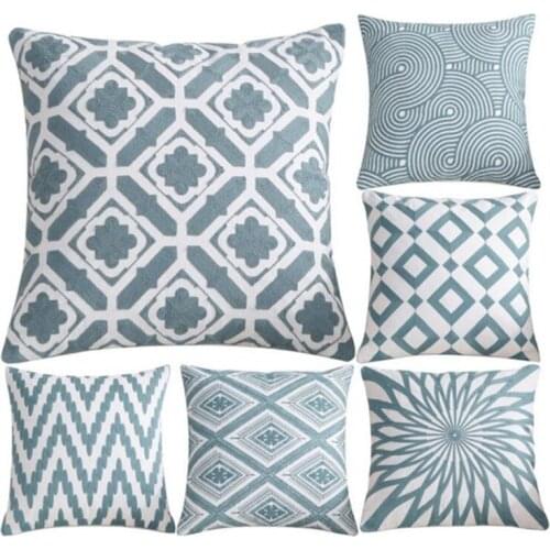 1pc Blue Series Cotton 3D Embroidered Pillowcase without Core Square Nordic Cushion Cover Living Room Sofa Pillow