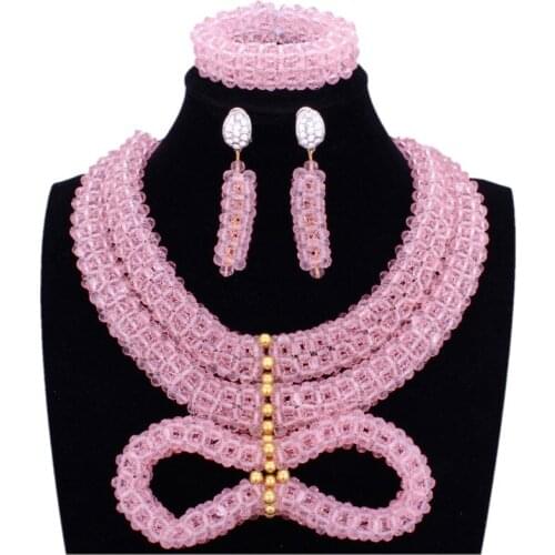 2018 Newest Jewelry Wedding Sets For Brides Pink Necklace Pendant With Gold Beads Costume Nigerian Wedding Necklace Set Fashion