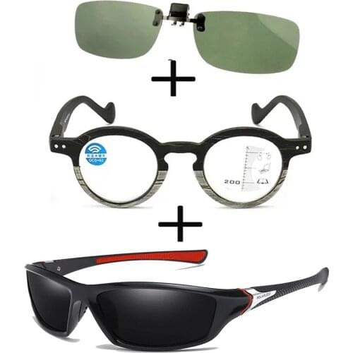 3Pcs!!! Progressive Anti Blu Lihght Far and Near Reading Glasses for Men Women + Polarized Sunglasses Sports + Sunglasses Clip