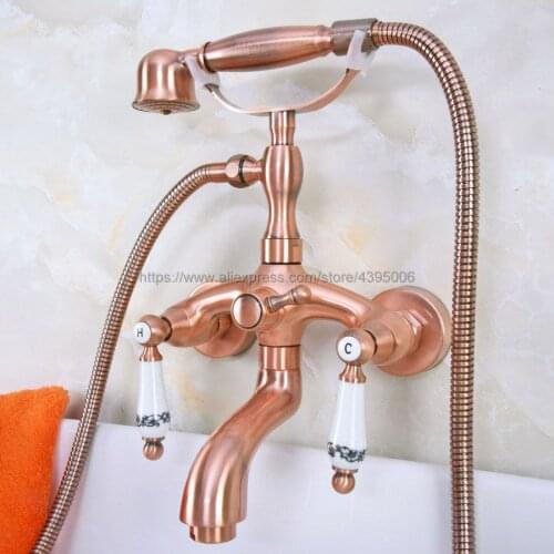 Antique Red Copper Double Handles Bathroom Wall Mounted Bathroom Tub Faucets W/Hand Shower Sprayer Mixer Tap Bna313