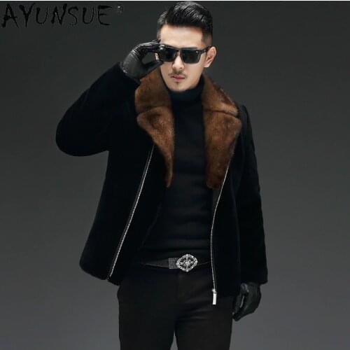 AYUNSUE Winter Jacket Men Real Fur Coat 100% Wool Sheep Shearling Jacket Men Clothing Mink Fur Collar Chaqueta Hombre 19-2215 KJ