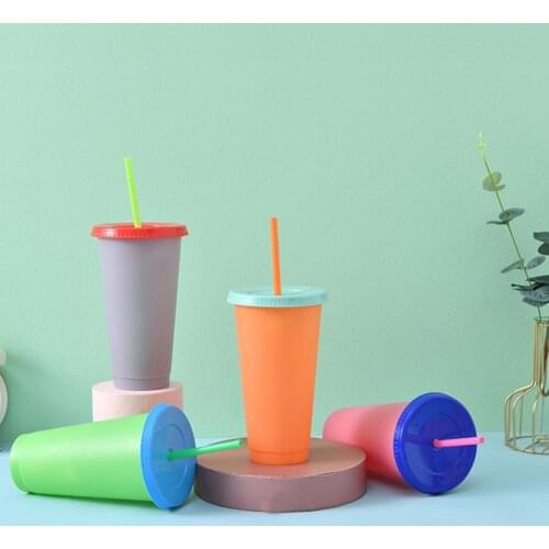 700ml Straw Bottle With Lid Eco-friendly Fixed Ring Design PP Color Changing Water Cup Plastic Tumbler for Home Drinkware