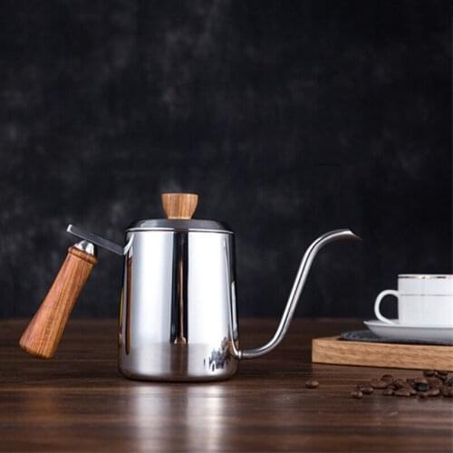 300/600ml Stainless Steel Coffee Kettle Gooseneck Spout Pour Over Thin Mouth Retro Tea Pot with Scale Wooden Handle