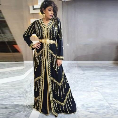 Black Beaded Moroccan Caftan Evening Dresses vestidos de fiesta Applique lace فساتين السهرة Long Prom Formal Dresses for Party