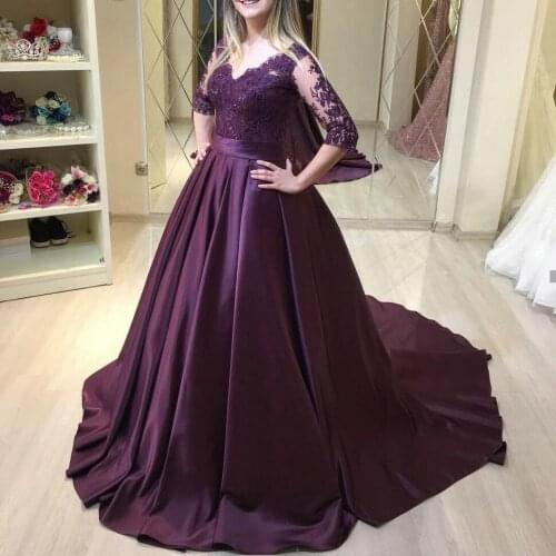Purple Evening Dresses Long Lace Half Sleeve Satin Ball Gown Women Dress Party Formal Elegant 2020 Suknie Wieczorowe Custom Made
