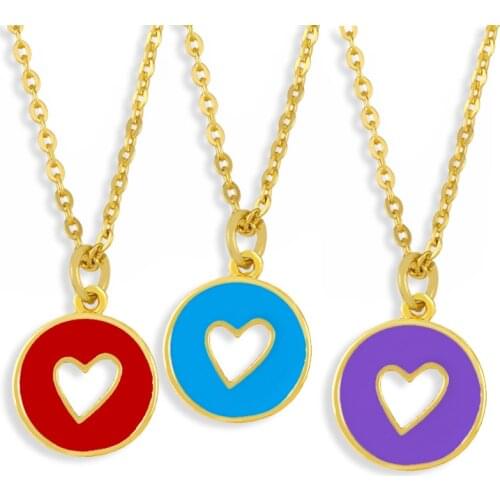 FLOLA Gold Short Chain Copper Heart Necklace Pendant For Women Colorful Round Enamel Necklace Girls Jewelry nkew80