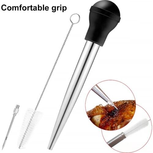 Turkey Baster Set with Silicone Bulb Stainless Steel Syringe Needles Cleaning Brush BBQ Barbecue Seasoning Tool