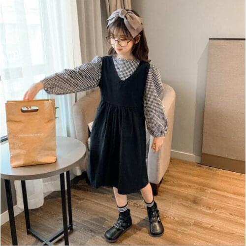 Girls Clothing Sets Teenage Girl Cotton Plaid T shirt+Sleeveless Dress 2Pcs Set Children Suit Clothing Kids Fall Clothes8 10 12T