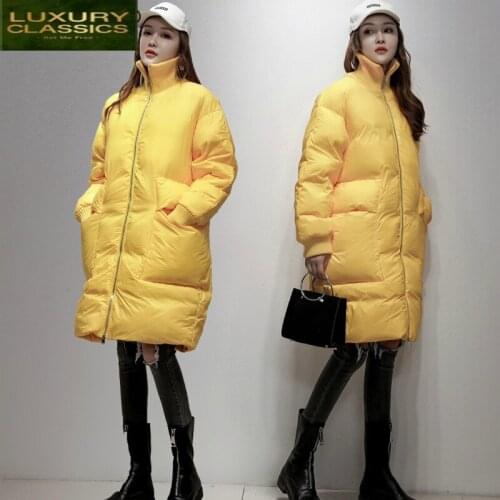 Jacket Women Long Winter Down Coat Female White Duck Down Jackets Loose Stand Collar Large Pockets Casual Coats LWL1066