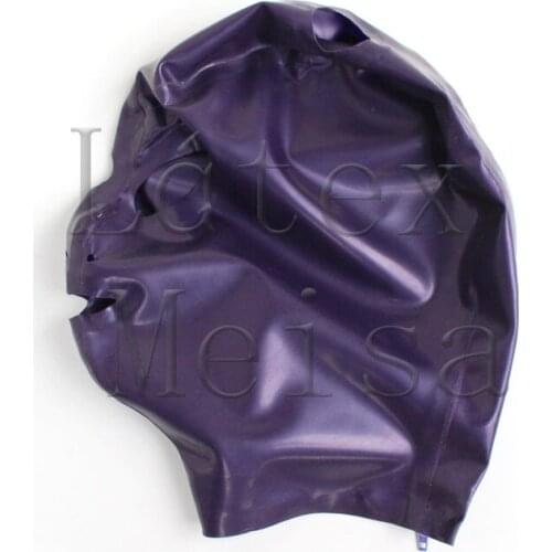 Metallic purple Fetish Latex hoods with hair holes and open eyes mouth and nostrils attached back zip