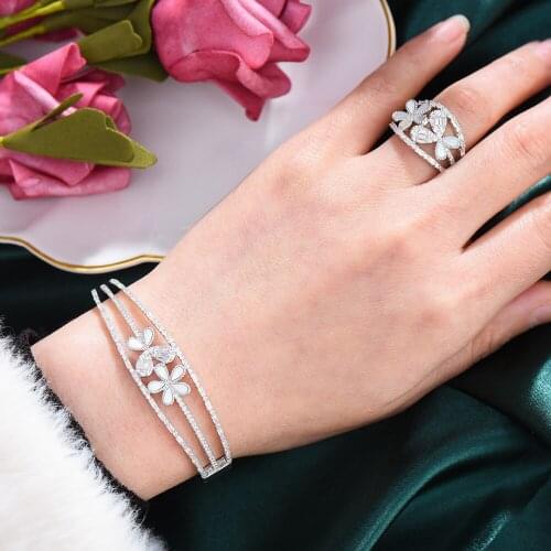 Blachette High Quality Trendy Luxury Sparkling Flower Bangle Ring Jewelry Set For Women Girl Gift Accessories Cubic Zirconia