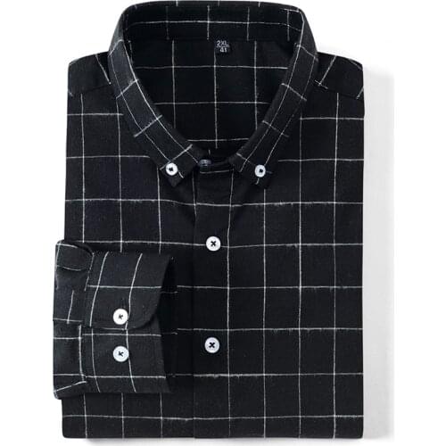 Aoliwen brand Mens Plaid Flannel Shirt Spring Fashion Casual Classic Button Collar Fit Black Long Sleeve Dress Mens Shirt