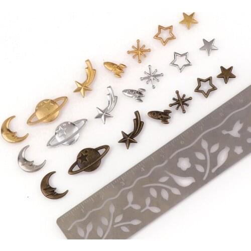 E56A Cosmos Theme Resin Filler Beaded 35 Pcs Alloy Star Moon and Planet Filler Accessories Epoxy Resin Craft Jewelry Making