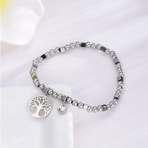 Stainless Steel Tree Of Life Charm Bracelet For Women Black Square Crystal Bead Bracelets Pulseras Mujer Moda Gifts