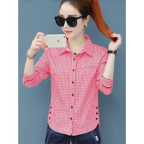 New Chic Early Autumn Checker Long Sleeve Shirt Womens Bottom Womens Shirt Top blouse Office Regular Full Button Plaid DF2257