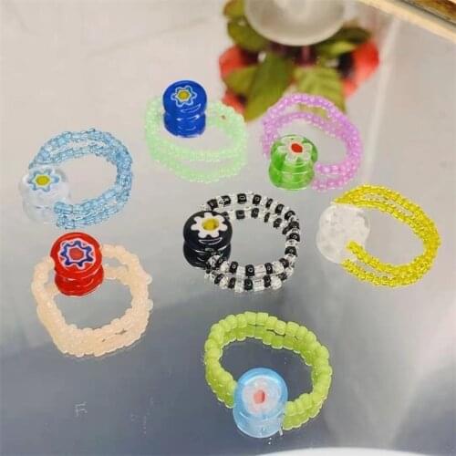 New Korean Fashion Crystal Beaded Rings Set Minimalist Colorful Resin Acrylic Beads Elastic Rings for Women Party Gift Jewelry