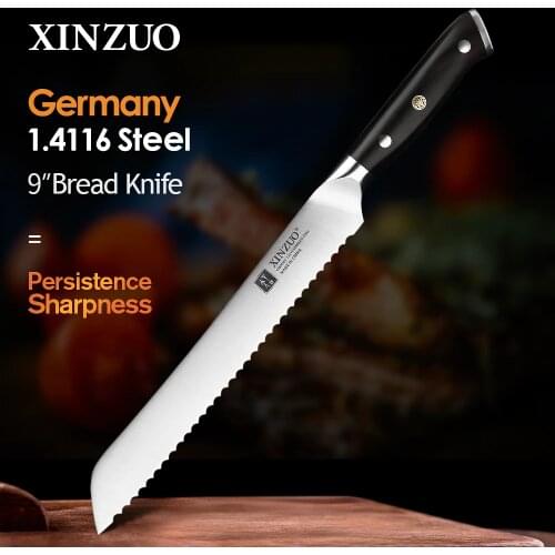 XINZUO German 1.4116 Stainless Steel 9'' Bread Knife 58HRC Serrated Design Cutter Tool For Cutting Bread Cheese Cake Gift Box